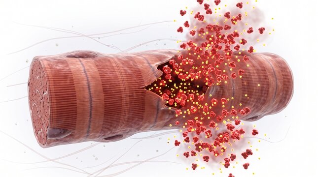 3D Microscopic Diagram of Sarcolemma Rupture and Myoglobin Release in Rhabdomyolysis