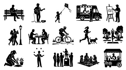 Obraz premium Black and White Silhouette Glyph Vector Icons of People Engaged in Public Park and Outdoor Lifestyle Activities