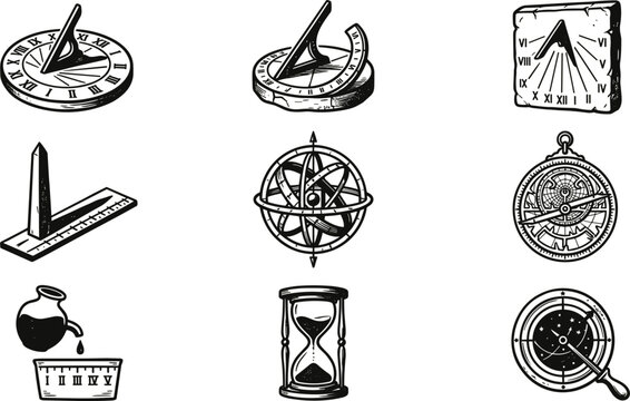 Ancient Timekeeping Devices Doodle Icon Set with Sundials Astrolabes Hourglass and Antique Water Clock Vector Illustration