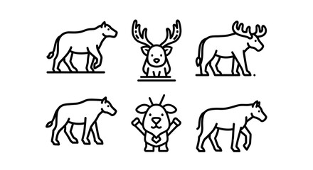 Set of minimalist line art icons featuring deer, elk, and antelope, isolated on white. © Yanti