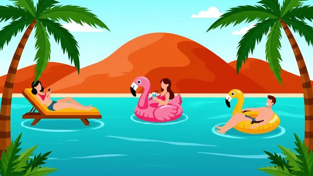 Colorful tropical pool scene with flamingo and unicorn floats.