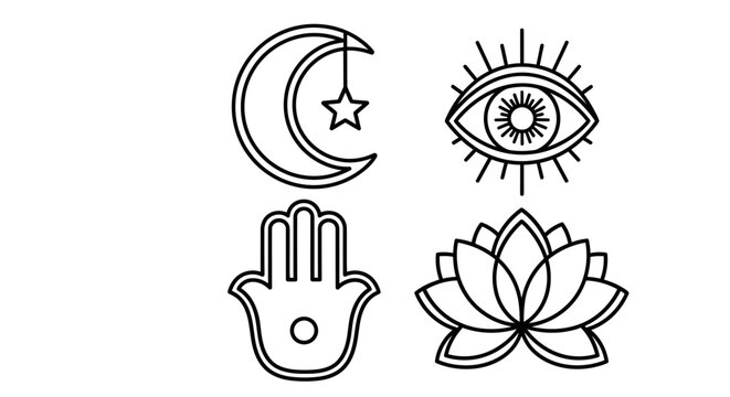 Mystical Symbols: Crescent Moon, Evil Eye, Hamsa Hand, Lotus Flower Icons
