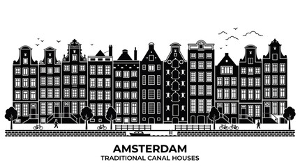 Naklejka premium Amsterdam Traditional Canal Houses Skyline Silhouette - Black and White Vector Illustration