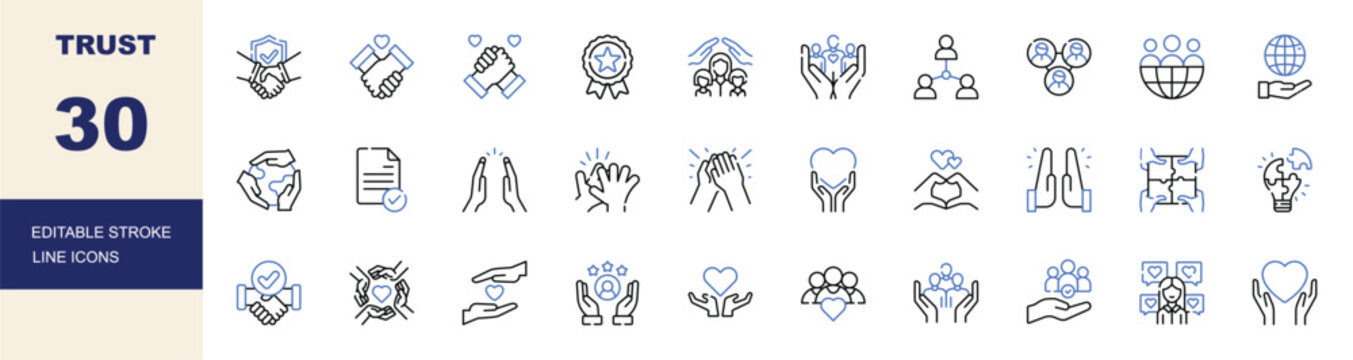 Trust icon set. Editable line icons handshake, partnership, loyalty, integrity and reliability vector illustration