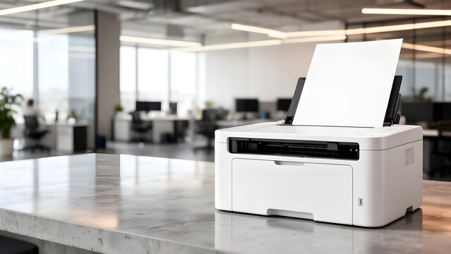 White Laser Printer on Concrete Desk with Copy Space