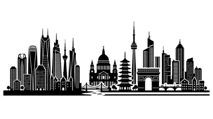 Obraz premium Global City Skyline Silhouette - Iconic Landmarks in Black and White