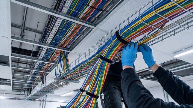 Electrician hands securing colorful cables in a server room, technology infrastructure and data center modern concept, texture background, copy space