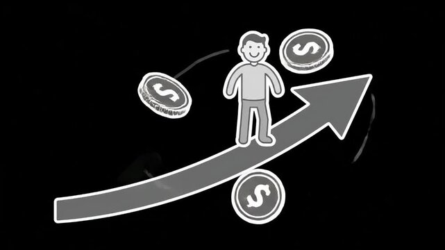 Illustration of person climbing arrow with money symbols.