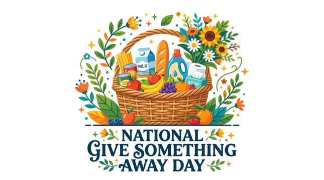 Celebrate National Give Something Away Day with a bountiful basket of groceries and flowers symbolizing generosity