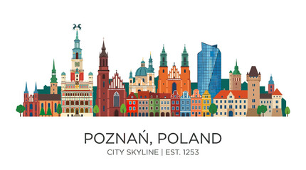Naklejka premium Poznan Poland City Skyline - Colorful Historic Buildings and Modern Architecture
