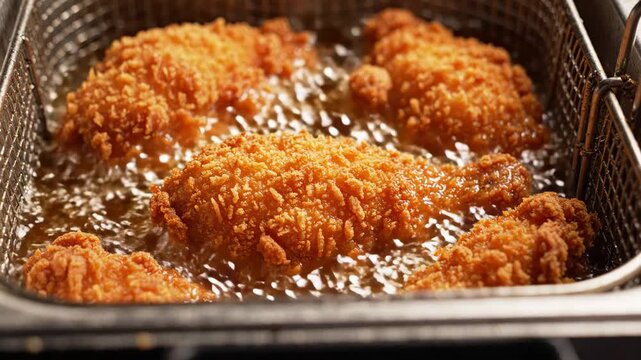 Crispy fried chicken drumstick cooking hot oil inside deep fryer, golden brown breading, savory comfort food, close up view, crunchy breaded delicious meal, appetizing and crispy golden brown fried
