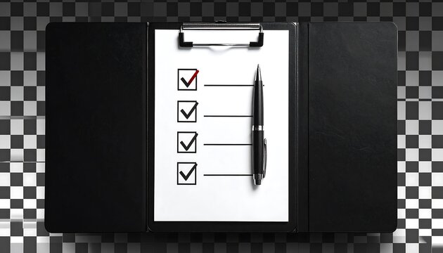 Clipboard with checklist, pen, and black leather folder, on a transparent checkered background