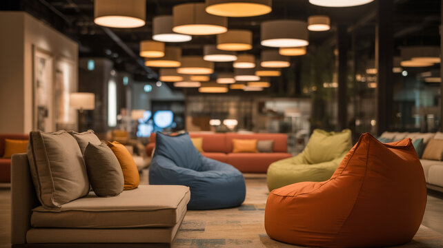 Modern office lounge area with comfortable bean bag chairs and warm hanging ceiling lamp lighting