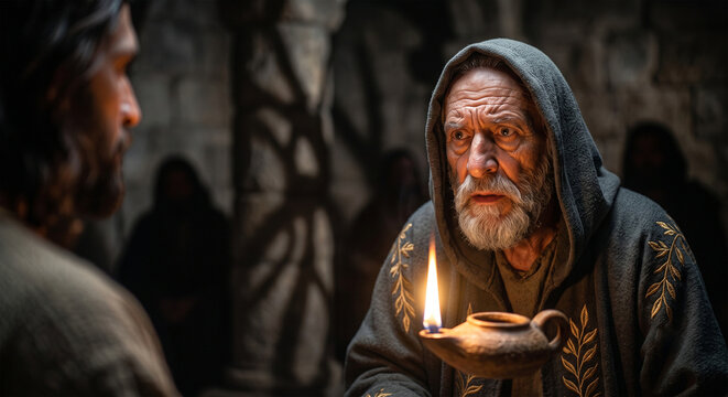 Bible, &nbsp;A powerful, high-contrast portrait of Nicodemus. He looks bewildered, his brow furrowed, processing the profound concept of being "born again." 