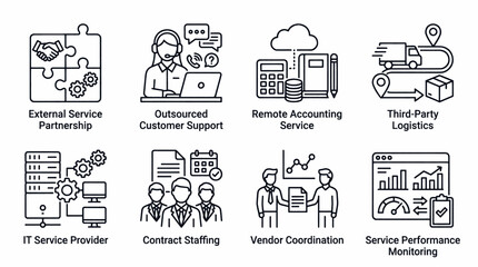 Fototapeta premium Collection of business service icons representing partnership, support, accounting, logistics, IT, staffing, coordination, and performance monitoring.