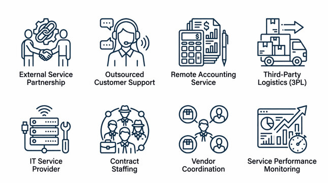 Collection of business service icons representing partnership, support, accounting, logistics, IT, staffing, coordination, and monitoring.