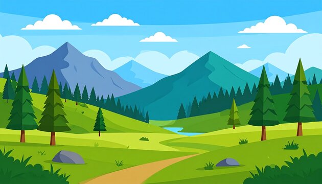 Cartoon-style illustration of a vibrant landscape, featuring rolling green hills, tall pine trees, a winding path, mountains, and a clear blue sky