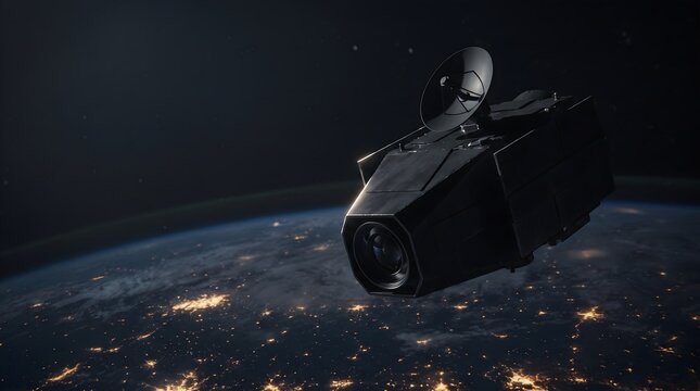Reconnaissance spy satellite orbiting planet earth at night with glowing city lights surveillance concept
