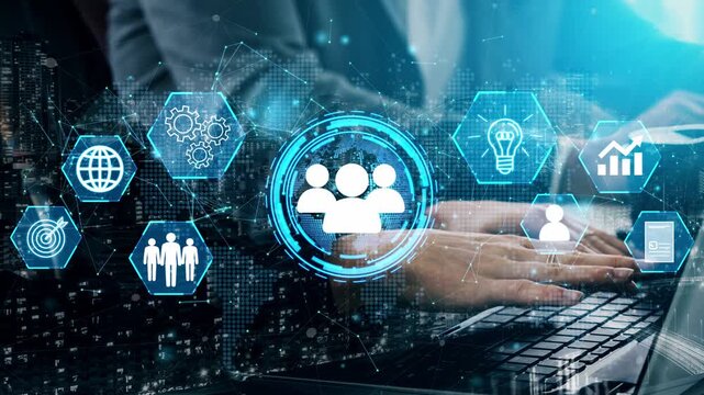 Modern Business Technology Concept with Diverse Icons Representing Innovation, Collaboration, and Data Analysis in a Digital Office Environment. Entropy.