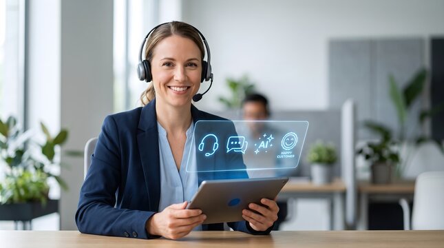 AI Customer Support Agent Using Tablet for Smart Help Desk, Live Chat and Digital Customer Service