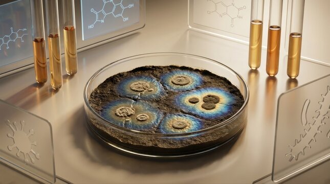 A close-up of soil-dwelling Streptomyces colonies on dark earth agar, releasing colored diffusion halos around bacterial clusters, with molecular pathway diagrams, test tubes, and resistant microbe