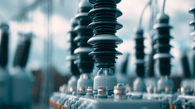 Row of black porcelain high voltage electrical substation power grid insulators closeup
