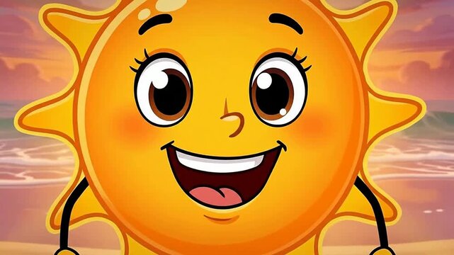 Colorful Animated Sun Character on Beach Sunset Scene
