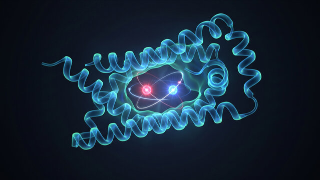 黒背景で電子スピンが相互作用するクリプトクロムタンパク質の量子状態を描いた高精細3DCG画像