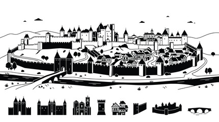 Medieval Castle Cityscape Silhouette with Architectural Elements © rokok
