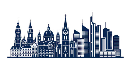 Obraz premium Modern City Skyline with Historic Buildings, Blue Silhouette on White