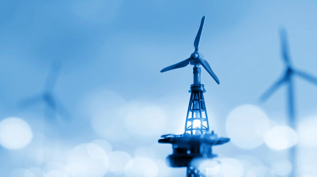 Offshore Drilling Rig Platform Surrounded By Wind Turbines In Blue Ocean
