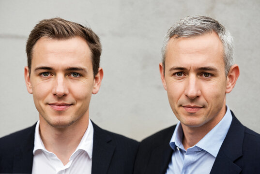 close up portrait of a young man and a mature man with grey hair wearing dark suits looking directly forward with confident serious expressions standing together against a plain concrete wall