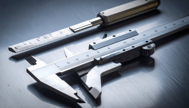 Close-up of a precision measuring tool and a disassembled sliding component against a reflective, metallic surface