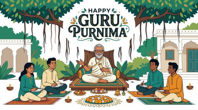 Celebrate HAPPY Guru Purnima with a wise guru teaching students in a serene outdoor setting