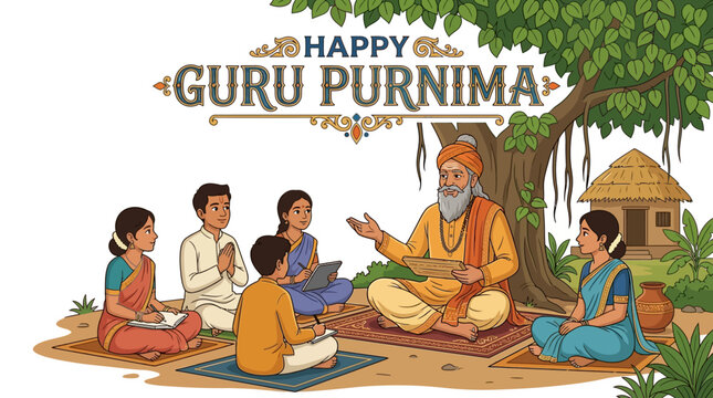 Celebrate HAPPY Guru Purnima with a wise guru teaching students under a large tree in a traditional Indian village