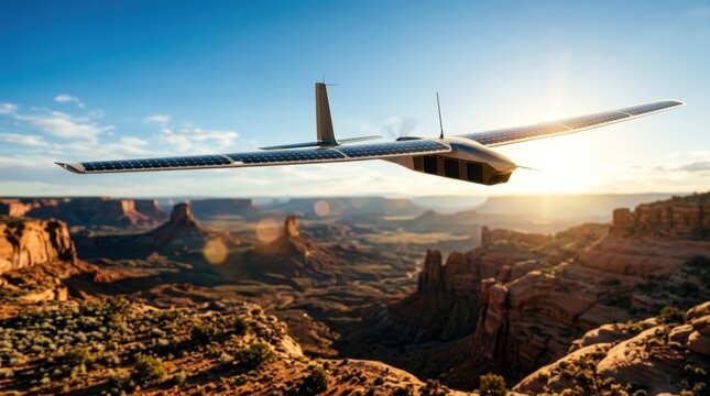 A solar-powered airborne relay platform with photovoltaic wings, a slim antenna mast, and cooling vents gliding above red sandstone mesas and scrub desert under a clear blue sky, suggesting high
