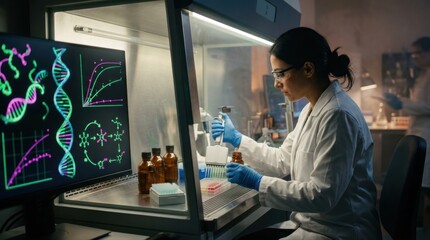 Fototapeta premium A scientist in a white lab coat works under a biosafety hood with a 96-well plate, multichannel pipette, and amber reagent bottles, while a monitor displays mRNA strands, enzyme induction graphs, and