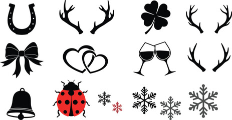 WebCollection of Holiday and Celebration Silhouette Vector Illustration Set, Different Icons Including Deer Antlers Ladybug Hearts Clover and Snowflakes for Festive Graphic Design, © Moklesur