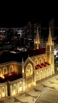 Night Sagrado Coracao De Jesus Church At Petrolina In Pernambuco Brazil. Dom Malan Square. Illuminated Church. City At Night Scenery. Sagrado Coracao De Jesus Church In Petrolina. Religious Skyline.