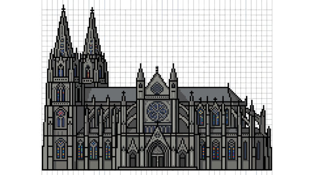Pixel Art Cathedral: Gothic Architecture Facade with Towers and Windows
