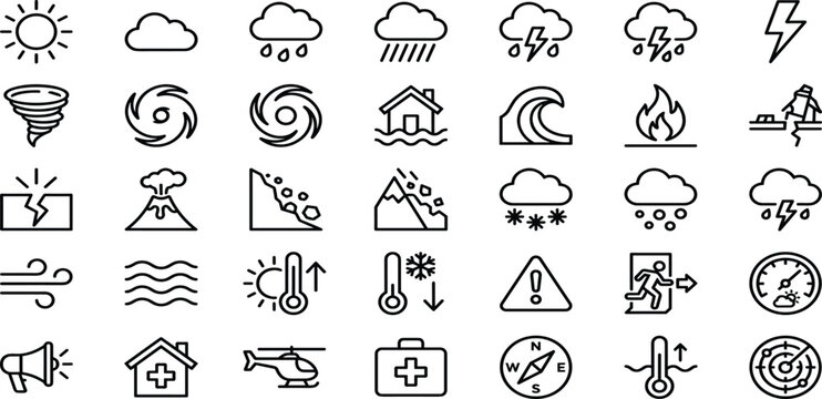 Natural disaster emergency management extreme weather and humanitarian rescue outline line icons set vector illustration