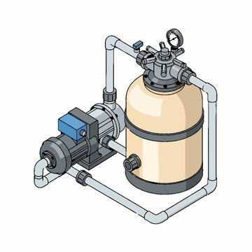 Isometric Vector Illustration of Swimming Pool Water Pump and Sand Filter System