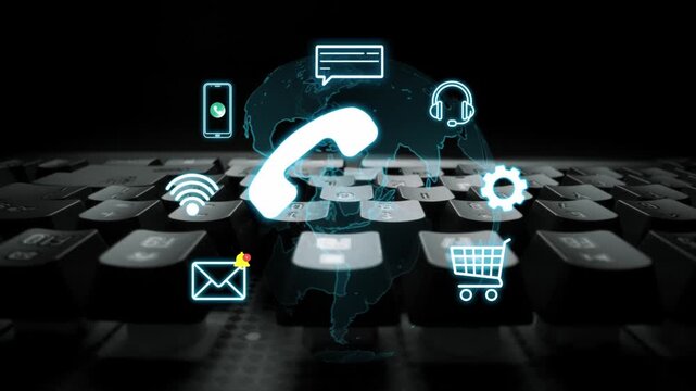24-7 Customer Support Concept with Phone Icon, Glowing Symbols, Modern Keyboard Background and Digital Communication Elements. Entropy.