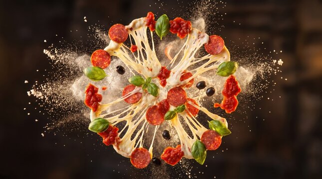 Exploding Pepperoni Pizza Ingredients in Mid Air with Stretched Cheese