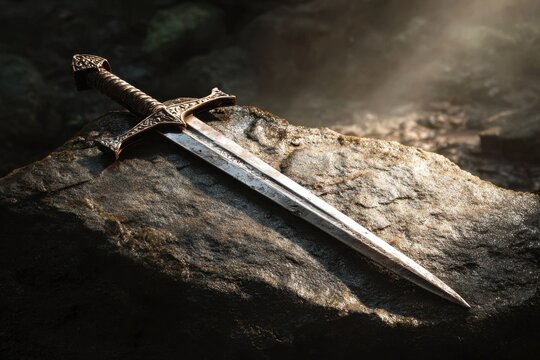 Ornate medieval sword resting on a weathered rock surface with lighting
