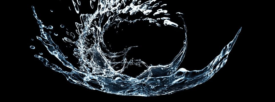 黒背景に抽象的な水しぶきが上がる3Dイラスト｜清潔で流れるような波と水しぶき