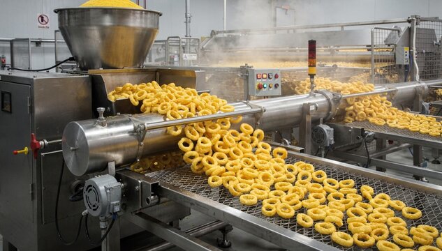 Medium shot of extruded corn puff production line showcasing corn grits being mixed and shaped into crispy rings with drying conveyors in view.
