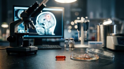 Fototapeta premium A focused oncology lab scene shows a nicotinamide capsule beside cultured brain tumor cells in a petri dish, a microscope, and a glowing brain scan on a monitor, illustrating nutrient-based research