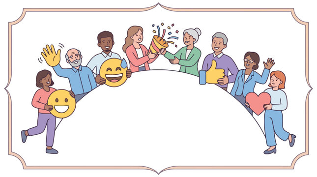 Diverse community people cheering around empty banner vector illustration.