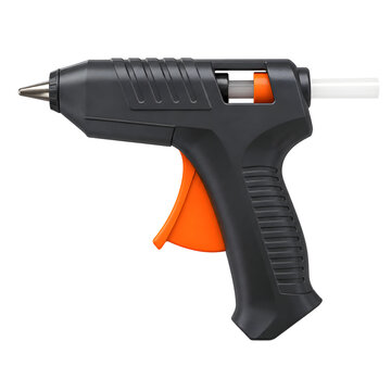 Black hot glue gun with orange trigger and adhesive stick for craft projects on isolated background